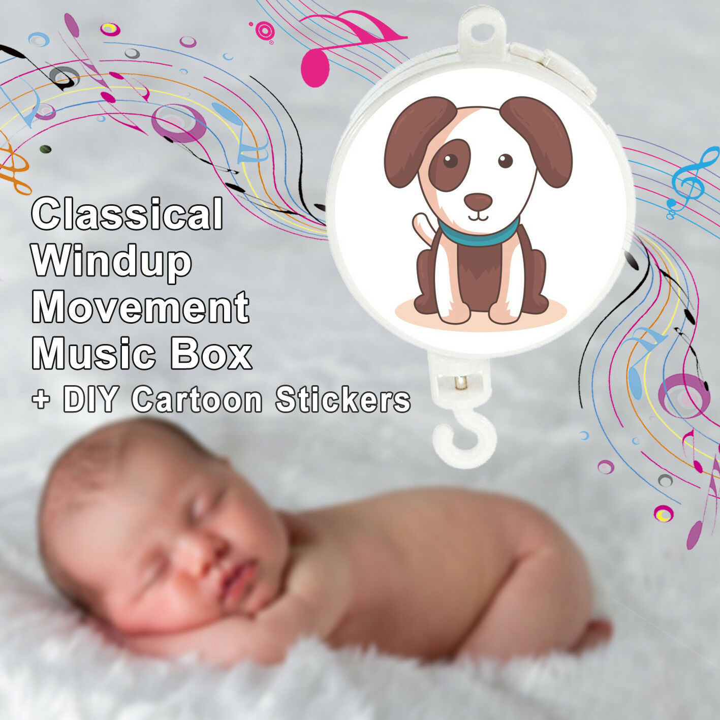 Windup Movement Music Box Baby Mobile Crib Rotating Bed Bell with DIY stickers