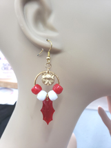 cat hoop beaded earrings red and white leaf charms cat face jewelry handmade  - £4.70 GBP