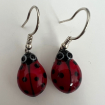 Murano Glass, Handmade Unique Jewelry, Ladybug &amp; 925 Sterling Silver Earrings - £22.62 GBP