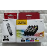 Canon 280 Pigment Black &amp; Canon 281 Black Cyan Magenta Yellow Ink 2075C0... - $39.98