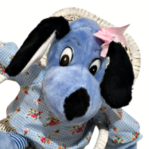 1990s Blue White Striped Dog Plush Stuffed Animal w Bow 12 Inch Crazy Eyes VTG - £5.32 GBP