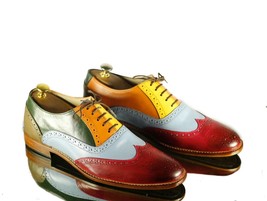 Handmade Multi Color Wingtip Leather Shoes, Men Brogue Stylish Shoes, Men’s Shoe - £112.59 GBP