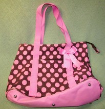 Pink Brown Polka Dot Travel Tote Duffle Bag Double Handle Zippered Pockets Bows - £17.98 GBP