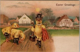 Easter Greetings Dressed Chick with Egg Basket Top Hats Boots Postcard X5 - £11.93 GBP