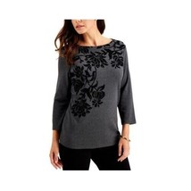 Karen Scott Womens M Charcoal Heather Gray Velvet Flowers Sweatshirt Top... - £15.32 GBP