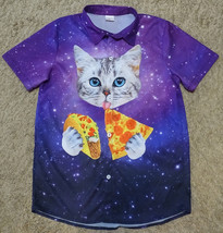 CUTE FUNNYCOKID PURPLE CAT PIZZA TACO BUTTON FRONT SHORT SLEEVE SHIRT GI... - $5.93