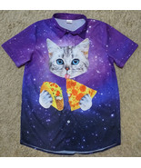 CUTE FUNNYCOKID PURPLE CAT PIZZA TACO BUTTON FRONT SHORT SLEEVE SHIRT GI... - £4.74 GBP