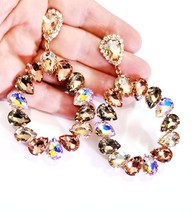 Topaz Chandelier Earrings, Rhinestone Crystal 3.5 in Hoops, Pageant Bridal Drop  - £33.23 GBP