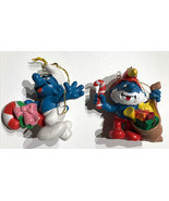 Vintage Christmas Ornament Smurf Riding Candy Cane &amp; Papa Smurf Peyo Sch... - $32.18