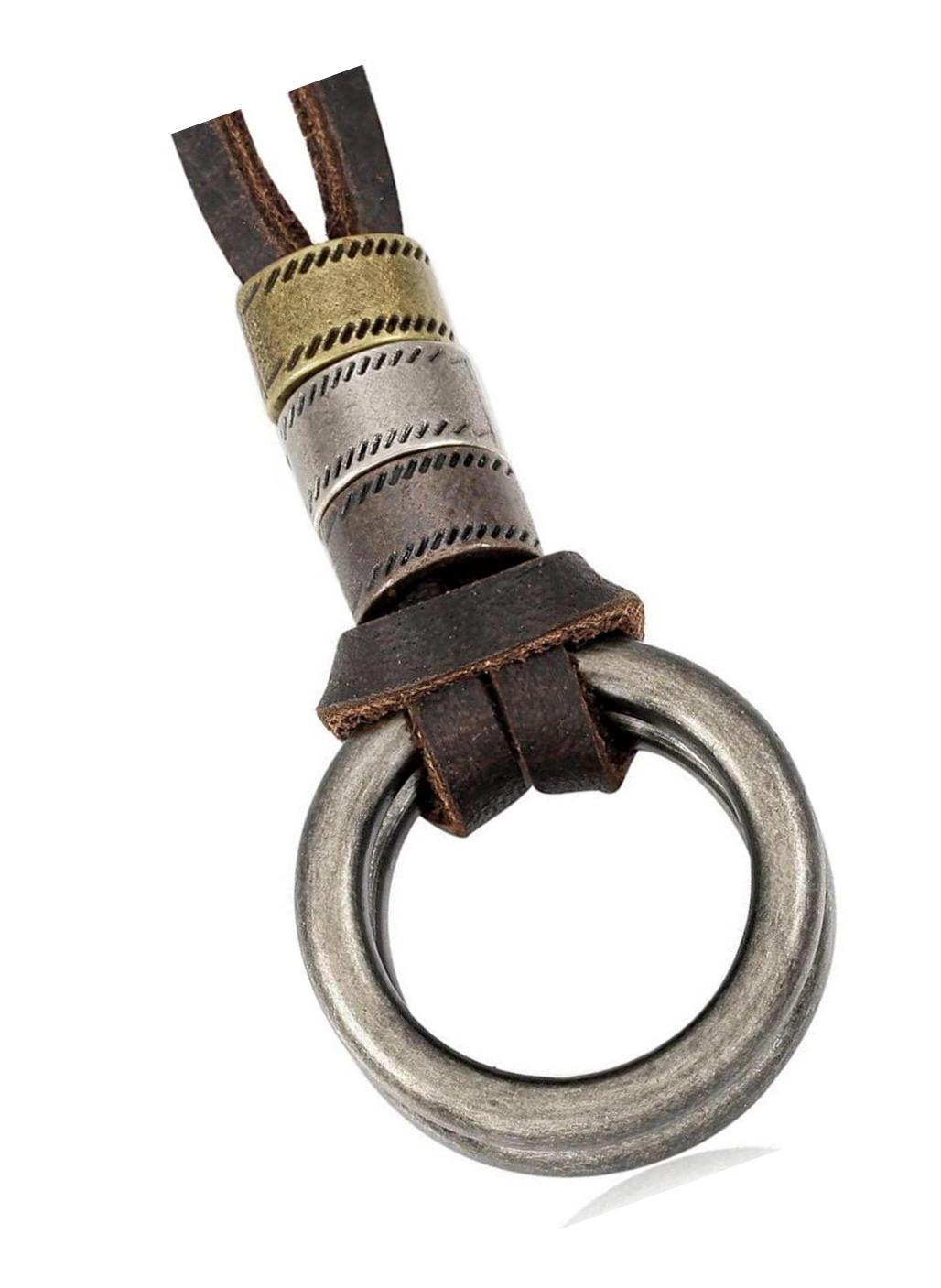 Silver Tone Brown Alloy Genuine Leather Pendant Double - $44.18