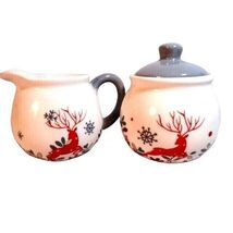 Reindeer Snowflakes Cream and Sugar Set Ceramic White Red Gray Christmas... - $26.97