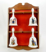 4 Norman Rockwell Porcelain Collector Bells w/Wooden Wall Rack (Incomplete Set) - £30.79 GBP