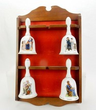 4 Norman Rockwell Porcelain Collector Bells w/Wooden Wall Rack (Incomplete Set) - $39.15