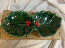 Vintage Lefton&#39;s Christmas Holiday Green Holly Dish Original Box - £10.54 GBP