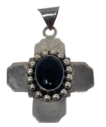 Artisan Made Chunky Sterling Silver and Onyx Cross Pendant Mexico - $66.49