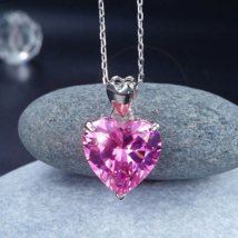 5Ct Heart Pink Created Topaz 925 Sterling Silver Bridesmaid Pendant Necklace 18&quot; - £56.32 GBP