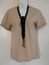 Forever 21 Women&#39;s Short Cuffed Sleeve V-neck Lace-up Beige Top Size Small - £9.21 GBP