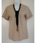 Forever 21 Women&#39;s Short Cuffed Sleeve V-neck Lace-up Beige Top Size Small - £9.34 GBP