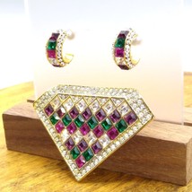 Diamond Shaped Crystal Encrusted Brooch and Matching Hoop Earrings - £39.78 GBP