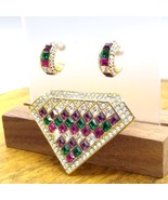 Diamond Shaped Crystal Encrusted Brooch and Matching Hoop Earrings - £39.56 GBP