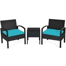 3 Pieces Outdoor Rattan Patio Conversation Set with Seat Cushions-Turquo... - $3,239.27 MXN