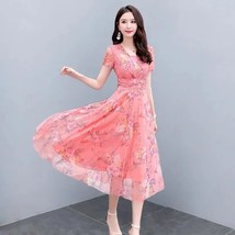 2023 Summer Beach  Dress Women Elegant O-Neck Chiffon Plus Size Midi Dress Pink  - £53.65 GBP