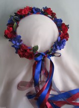 Fleur De Lys Silk Flower Head Wreath /Deep Red and Royal Blue / Renaissa... - £43.16 GBP