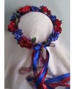 Fleur De Lys Silk Flower Head Wreath /Deep Red and Royal Blue / Renaissa... - £42.66 GBP