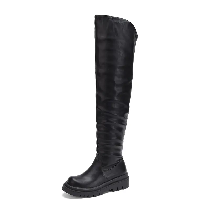 Women Thigh Boots 56cm Round Toe Wedges Heels 5cm Platform Slip On Plus Size 40  - £39.44 GBP