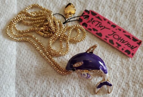 Primary image for Betsey Johnson Necklace Dolphin Gold Purple Crystals 28 inch necklace pin back