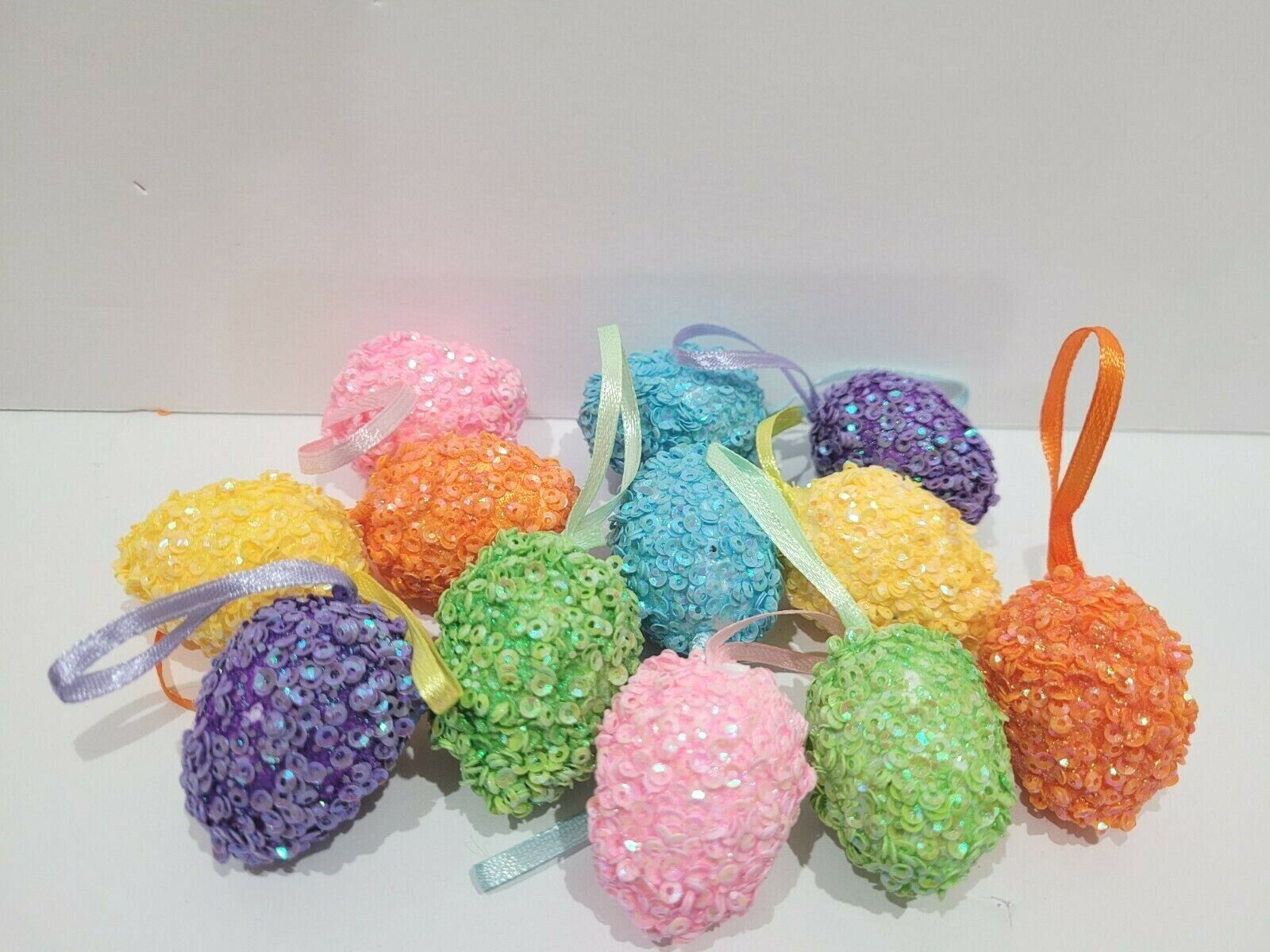 (12) Easter Ornaments Pastel SPARKLE Eggs Tree Home Decor 1.75&quot; - $12.93