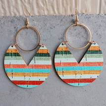 Geometric Pattern Print Circle Wood Earrings for Women Colorful Stripe Blooming  - £9.47 GBP