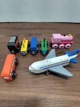  Wooden Train Locomotive And Cars,Bus, Airplane Magnetic Lot Of 7 - £14.14 GBP