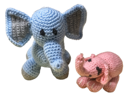 Lot Of 2 Handmade Crocheted Elephants Pink &amp; Blue - £17.95 GBP