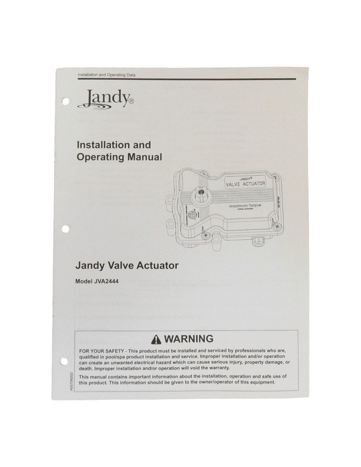 Jandy JVA244 Valve Actuator Installation Owner