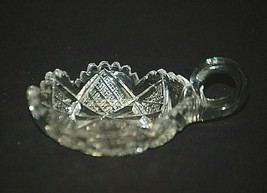 An item in the Pottery & Glass category: Old Vintage Crystal Cut Glass Candy Nut Dish Finger Loop Handle Sawtooth Edge