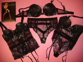 Victoria&#39;s Secret 34C Bombshell Bra Set+Garter Teddy+Corset Black Silver Foil - £187.35 GBP