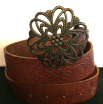 vintage Candie&#39;s Italian Leather belt brown embossed floral design made USA - £12.67 GBP