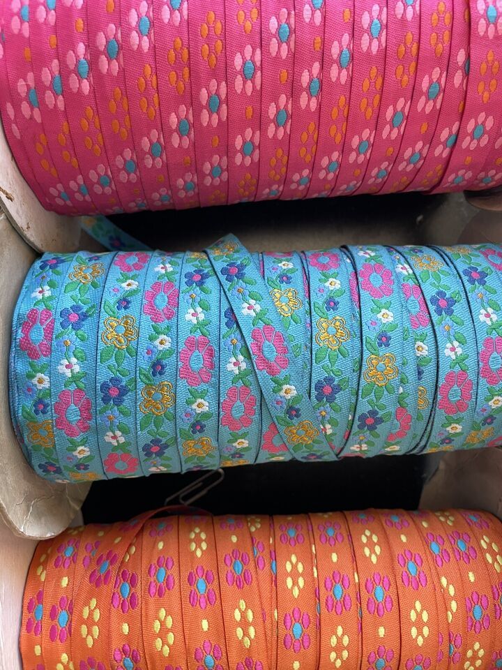 2 yards Jacquard ribbon fuchsia pink , orange Turquoise flower ribbon 1/2&quot; - $0.99