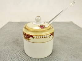 Nippon Porcelain Condiment Jar w/Lid &amp; Glass Spoon, Roses, Gold Trim, Antique - £18.27 GBP