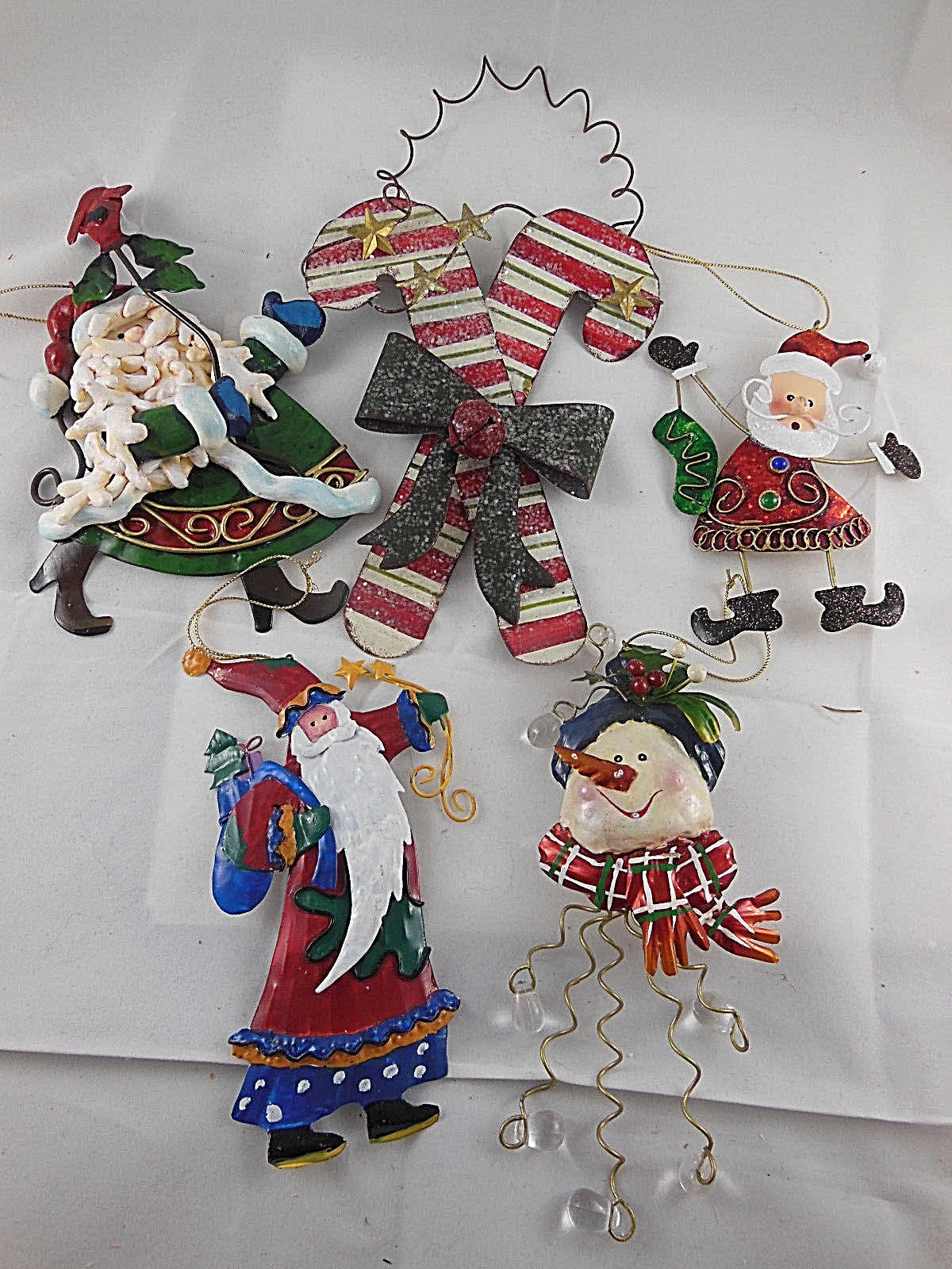 Primary image for Quality TIN ORNAMENTS lot of 5 Christmas Ornaments aprox. 7" Santa Candy Snowman