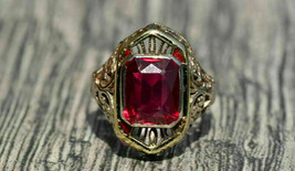 3Ct Emerald Ruby Spiderweb Filigree Vintage Engagement Ring 14K White Gold Over - $127.49