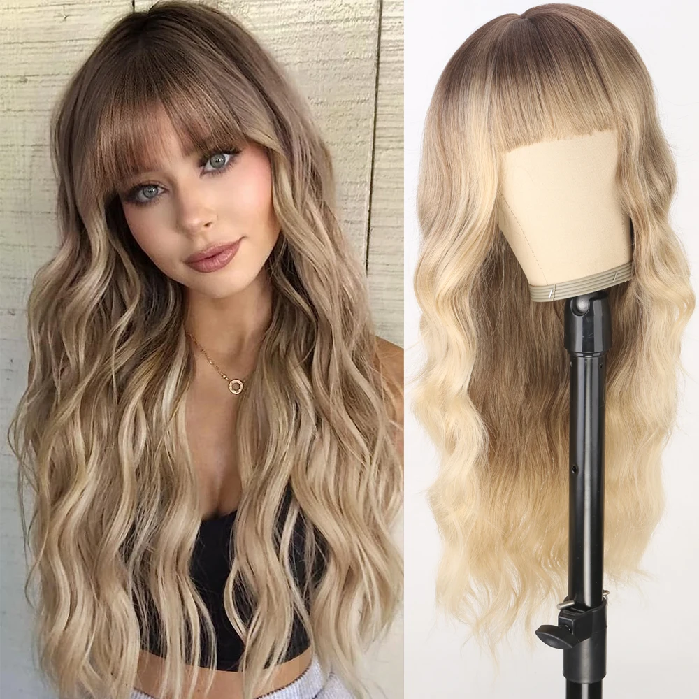 Synthetic Brown Mixed Blonde Wig with Bangs Long Black Natural Wavy Hair Wig for - £17.36 GBP+