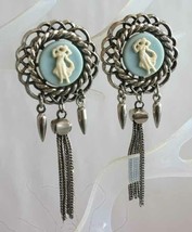 Ancient Style Goddess Cameo Silver-tone Tassel Clip Earrings 1950s vint. 2 1/4&quot; - £13.48 GBP