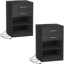 Black Bzz001Be02 Irontar Nightstand With Charging Station, 2 Drawers Side Table - £112.43 GBP