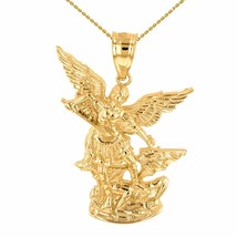 10K Solid Yellow Gold Saint St. Michael The Archangel Pendant Necklace 1.35&quot; - £240.47 GBP+