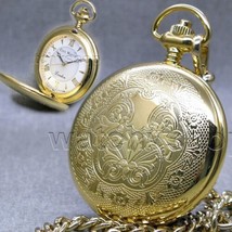 Pocket Watch Gold Color 47 Mm for Men with Roman Numbers Dial and Fob Ch... - $24.99