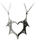 Alchemy Gothic Darkling Heart Pendant Double Necklace Dark Light Bat Win... - $34.45