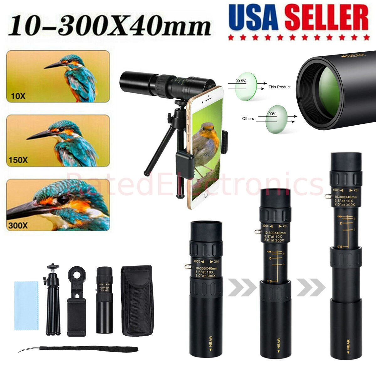 Tripod Phone Clip On Telescope Monocular 4K 10-300X40mm Super Telephoto ... - $26.99