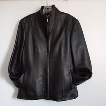 NINE WEST Black Leather Jacket Car Coat Zip Front Pockets Moto Collar Li... - $104.50